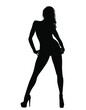 Vector silhouette of sexy woman with long hair in dance shoes. Shapes of beautiful woman in standing pose. Beauty and fashion model icon isolated on white background. Pinup girl. 