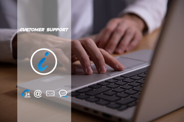 Poster - businessman holding smartphone to contact the customer support