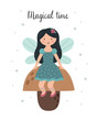 © Victoria Guzeeva - A cute fairy with wings is sitting on a mushroom. A beautiful girl in a dress. A children's poster with a handwritten phrase. Vector illustration