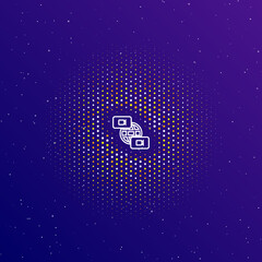 Poster - A large white contour videoconference symbol in the center, surrounded by small dots. Dots of different colors in the shape of a ball. Vector illustration on dark blue gradient background with stars