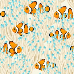 Clown fish and anemone vector seamless pattern