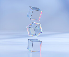 Poster - 3d render, glass or plastic cubes flying in different angles on blue texture background. Clear square boxes of acrylic or plexiglass, crystal block set, realistic mockup glowing geometric objects