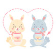 Couple of enamored rabbits in hand-drawn cartoon style. Two cute bunnies with a letter and heart. Perfect for greeting cards for Valentine's Day, childrens T-shirts, poster, invite, sticker. Vector