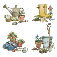 Set Of Four Gardening Compositions, Vintage Watercolor Style