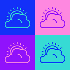 Wall Mural - Pop art line Sun and cloud weather icon isolated on color background. Vector