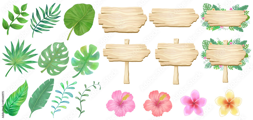 wooden blank board with tropical leaves and flowers illustration ...
