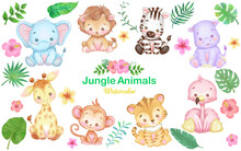 Jungle Safari Animals Illustration Of Watercolor Painting. Baby Animals, Tropical Plants And Flowers. 