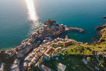 Aerial View Of Vernazza Old Town Along The Coast, Cinque Terre, Liguria, Italy.