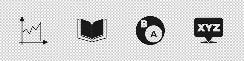 Set Graph, schedule, chart, diagram, Open book, Subsets, math, is subset of and XYZ Coordinate system icon. Vector