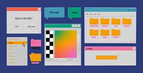 Set of retro user interface tabs and icons. Old computer windows with message, folders and buttons. Hand drawn colorful vector illustration isolated on blue background. Modern flat cartoon style.