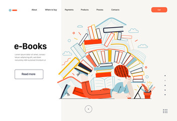 Technology Memphis - ebooks -modern flat vector concept digital illustration of a woman reading an electronic book containing a stack of printed books, metaphor. Creative landing web page template