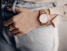 Beautiful Stylish Elegant White Watch On Woman Hand. Close Up Photo.