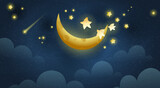 Fototapeta Dziecięca - Golden Shiny Night Sky with Moon and Stars, sleeping and relaxing dreamy night sky. Cute sleeping stars and the moon at starry night. Vector illustration for children and little kids.