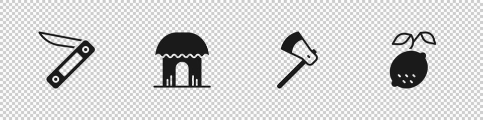 Wall Mural - Set Swiss army knife, African hut, Wooden axe and Lemon icon. Vector