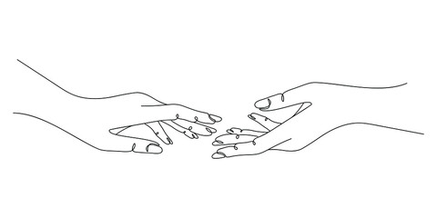 Continuous line drawing of two female hands barely touching each other. The concept of love, trust. Sketch. Vector illustration.