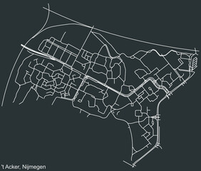 Detailed negative navigation white lines urban street roads map of the 'T ACKER NEIGHBORHOOD of the Dutch regional capital city Nijmegen, Netherlands on dark gray background