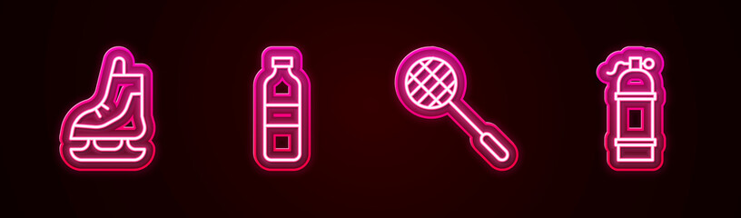 Wall Mural - Set line Skates, Bottle of water, Tennis racket and Aqualung. Glowing neon icon. Vector