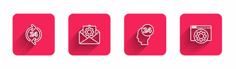 Poster - Set line Telephone 24 hours support, Envelope setting, Support operator touch and Browser with long shadow. Red square button. Vector