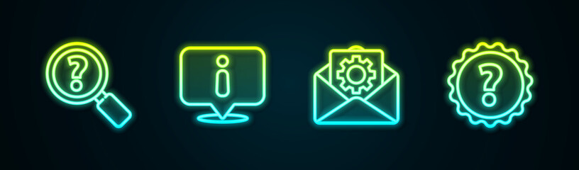 Poster - Set line Unknown search, Information, Envelope setting and Question mark. Glowing neon icon. Vector