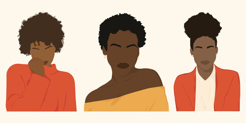 Three portraits of beautiful black women. Abstract minimal girls portrait, faceless. Black women concept.