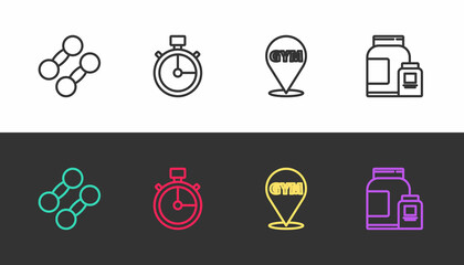 Sticker - Set line Dumbbell, Stopwatch, Location gym and Sports nutrition on black and white. Vector