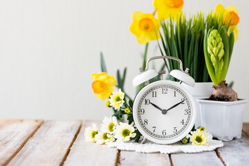 Spring change, Daylight Saving Time concept. White alarm clock and flowers on the wooden table