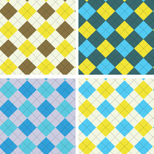 Collection Set Of 4 Argyle Seamless Pattern In Yellow, Blue, Turquoise And Brown .Great For Textile,  Fashion Print , Spring And Summer Clothing 