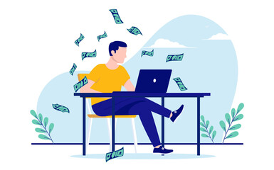Leinwandbilder - Freelance money - Person sitting with computer alone at desk while dollar bills raining down. Flat design vector illustration with white background