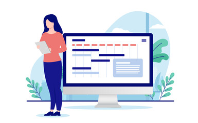 Poster - Project manager woman - Vector illustration of female person working with project and business management on computer screen. Flat design and white background