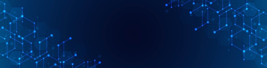 Poster - Neon geometric background frame. Vector design of hexagons, honeycombs, cells. The texture of a broken connection network, circles, dots. Banner for technology, medicine, websites.