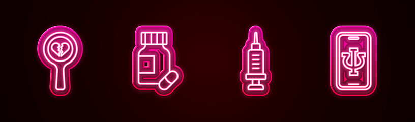 Wall Mural - Set line Broken heart or divorce, Sedative pills, Addiction to the drug and Psychologist online. Glowing neon icon. Vector