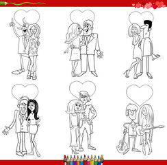 Wall Mural - cartoon couples in love on Valentine Day coloring book page