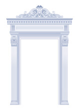 Vector Arch. Antique Vintage Frame. Classic White Baroque Portal. Antique Greek Roman Wall Architecture. Stone Palace Design Element. Ancient Building Interior Style With Scroll. Old Pillar Arch Frame