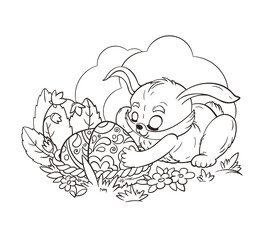 Wall Mural - Coloring book Easter Bunny puts a painted egg in a basket. Vector illustration in flat cartoon style, black and white line