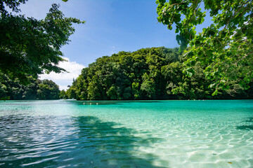 beautiful sea scape of rock islands, white beach and emerald green ocean at ngchus, the inside of ro