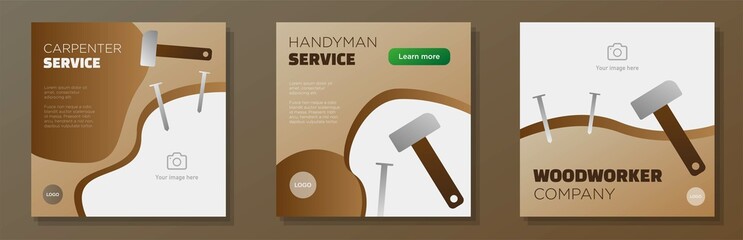 Poster - Woodworker service social media post, square banner set, carpenter business advertisement concept, handyman hammer and nails marketing ad, abstract modern flyer, isolated on background