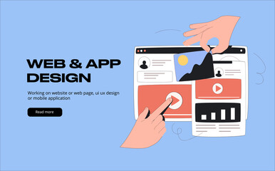 Fototapete - Hands are working on website or web page, ui ux design or mobile application redesign. Studio or agency prototyping or coding web page. Mobile app development vector illustration in outline style.