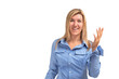 Young business woman waving hand explaining isolated