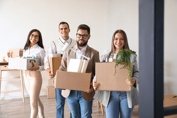 Sticker - Business people holding boxes with things in office on moving day