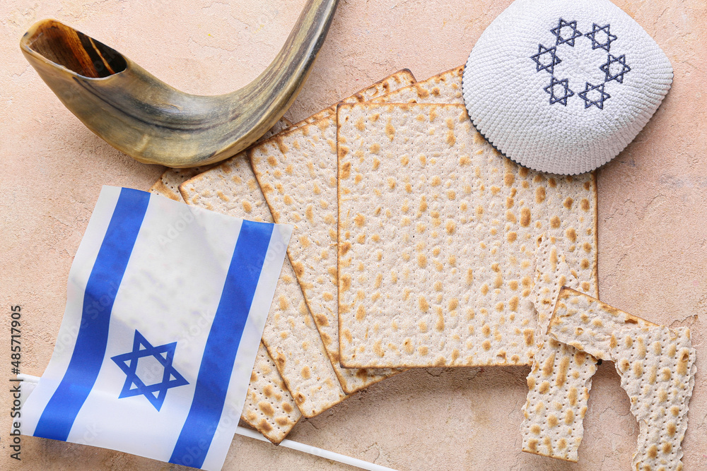 Composition with symbols of Judaism on color background