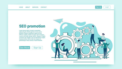 SEO promotion.Teamwork and business promotion.An illustration in the style of a green landing page.