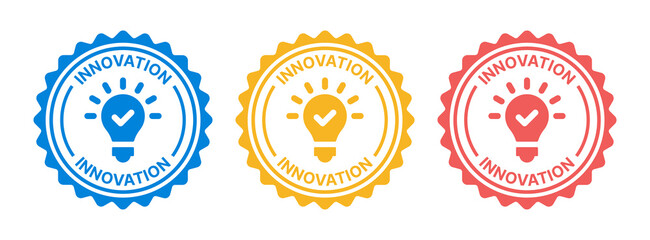 Wall Mural - Innovation label stamp icon set. Innovation seal with lightbulb symbol isolated on white background.