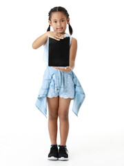 Portrait full body studio isolated cutout shot of Asian young pigtail braid hair little girl model in blue dress standing smiling holding black blank screen tablet look at camera on white background