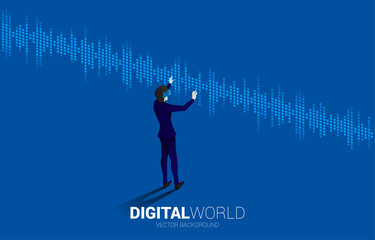 Poster - Silhouette businessman wear VR glasses with Sound wave Music Equalizer . Concept of digital virtual reality technology and AR .