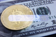 Bitcoin On American Dollar Bank Note With Searching Sign
