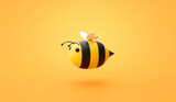 Cute honey bee 3d cartoon character design of sweet nature happy honeybee organic animal food product icon or flying creative art bumblebee symbol and wasp bug mascot concept on yellow background.