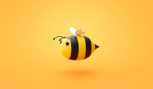 Cute Honey Bee 3d Cartoon Character Design Of Sweet Nature Happy Honeybee Organic Animal Food Product Icon Or Flying Creative Art Bumblebee Symbol And Wasp Bug Mascot Concept On Yellow Background.