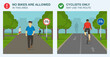 Traffic or road rules. No bikes are allowed and cyclists only may use the route sign. Front view of a pedestrians and back view of cycling bike rider.  Flat vector illustration template.