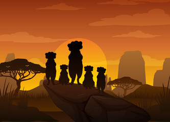 Wall Mural - Meerkat family silhouette at savanna forest
