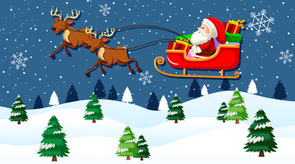 Wall Mural - Santa Claus on sleigh with reindeer flying in the sky at night